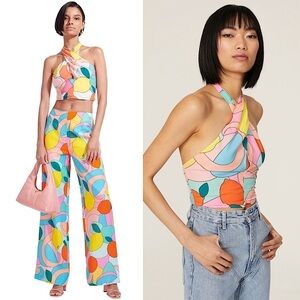STAUD 70s Graphic Fruit Print Twist Front Open Back Halter Tie Neck Crop Top 8